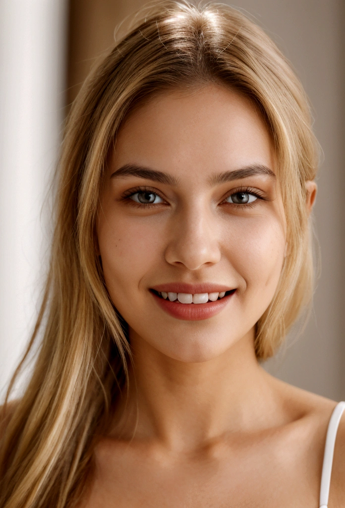 A photorealistic portrait of a young and beautiful 19-year-old woman with light blonde hair, long hair, and brown eyes, American. Epic realism, raw photo, (highly detailed skin:1.2), 8k, DSLR, soft lighting, high quality, film grain, Fujifilm XT3, ultra high resolution, photorealistic:1.4, uhd. The background is blurred to emphasize her face. Her facial features are meticulously detailed: her smooth and clear, slightly tanned skin, well-defined cheekbones, a perfectly shaped nose, a high and smooth forehead, long and thick eyelashes, well-groomed eyebrows, and soft, slightly parted lips. The lighting highlights the natural contours of her face, giving a lifelike and vibrant appearance. She exudes a captivating beauty, with a seductive and alluring expression, sticking her tongue out playfully and giving a fierce, tigress-like look. This dynamic pose makes her appear as a stunning and confident 19-year-old OnlyFans model, radiating sexiness and charisma. She looks very young and shows a full set of beautifully crafted, perfectly aligned teeth, not just the front two, emphasizing her radiant smile and enhancing her overall attractiveness.
