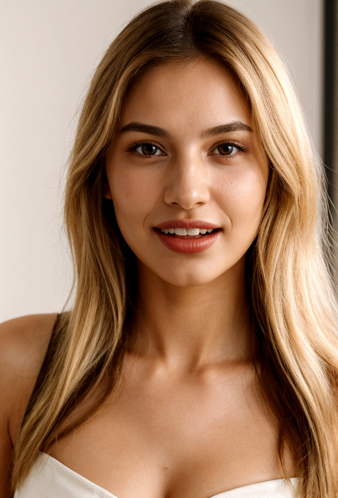 a chatin blonde woman with smooth hair with tanned skin