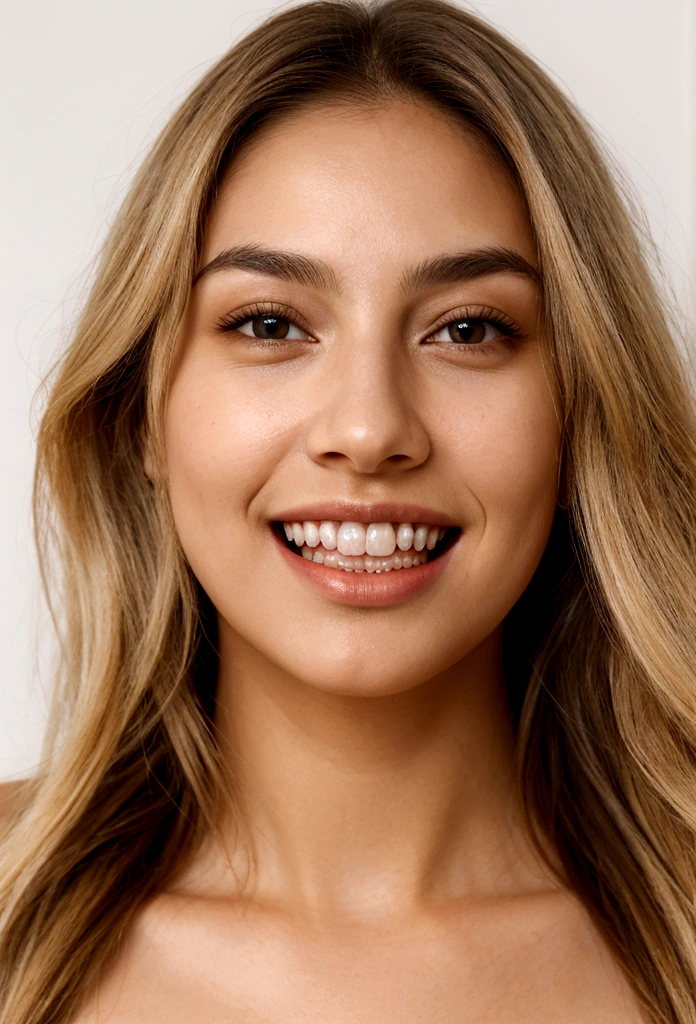 A photorealistic portrait of a young and beautiful 19-year-old woman with light blonde hair, long hair, and brown eyes, American. Epic realism, raw photo, (highly detailed skin:1.2), 8k, DSLR, soft lighting, high quality, film grain, Fujifilm XT3, ultra high resolution, photorealistic:1.4, uhd. The background is blurred to emphasize her face. Her facial features are meticulously detailed: her smooth and clear, slightly tanned skin, well-defined cheekbones, a perfectly shaped nose, a high and smooth forehead, long and thick eyelashes, well-groomed eyebrows, and soft, slightly parted lips. The lighting highlights the natural contours of her face, giving a lifelike and vibrant appearance. She exudes a captivating beauty, with a seductive and alluring expression, sticking her tongue out playfully and giving a fierce, tigress-like look. This dynamic pose makes her appear as a stunning and confident 19-year-old OnlyFans model, radiating sexiness and charisma. She looks very young and shows a full set of beautifully crafted, perfectly aligned teeth, not just the front two, emphasizing her radiant smile and enhancing her overall attractiveness.
