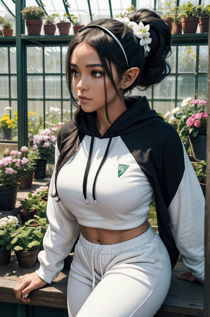 30 year old woman from Saturn, elf ears, thick athletic body, beautiful, cute, green ponytail hair with flower headband, in greenhouse, heroic stance, wearing white hoodie and white sweatpants, with black panther