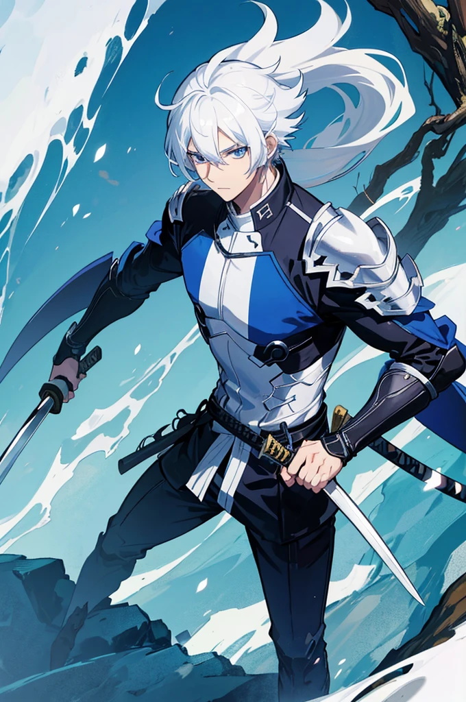 A 25 years old anime man with white hair, holding a Katana, Wearing a Blue and Black armor , Standing close to a tree