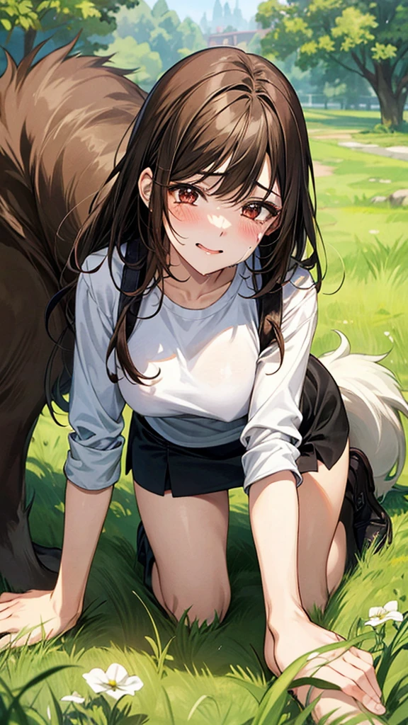 (Rear Insertion, ), Black Hair, Long Hair, Cute Hips, , ,(Cotton shirt、Linen long skirt、、White garter stockings),front , legs apart、sobbing、sobbing、hand_on_own_face,(bottomless)、nsfw、BREAK Perfect Anatomy、Highest quality、(cute:1.1)、(cute)、(High resolution:1.2)、Unbelievably absurd:1.3、Incredible illustrations、(cuteイラスト:1.2)、Beautiful background、(1 girl) 、solo)、(10th Generation、JK、 face、Small breasts:1.2)、slender、、(skirt lift,),、(tooth:0.6)、、Eye highlights、（anal,sex、1dog（penis））　Girl raped by her dog