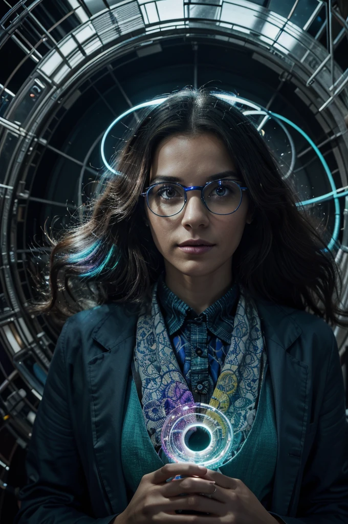 An intriguing digital art for Windows 11 wallpaper, exploring the theme "Resultado- A diferença entre o gênio e o louco". The image features two figures: one of a brilliant scientist with glasses and a lab coat, and the other of the mad hatter from Alice in Wonderland, both illuminated by the glow of a blinding light bulb. The background presents a balanced yet contrasting mix of order and chaos: a chaotic storm of colors swirls around the scientist, while a calm geometric pattern surrounds the artist. The overall composition is visually striking, with a sense of depth and detail that invites further contemplation. Blue and purple accent colors