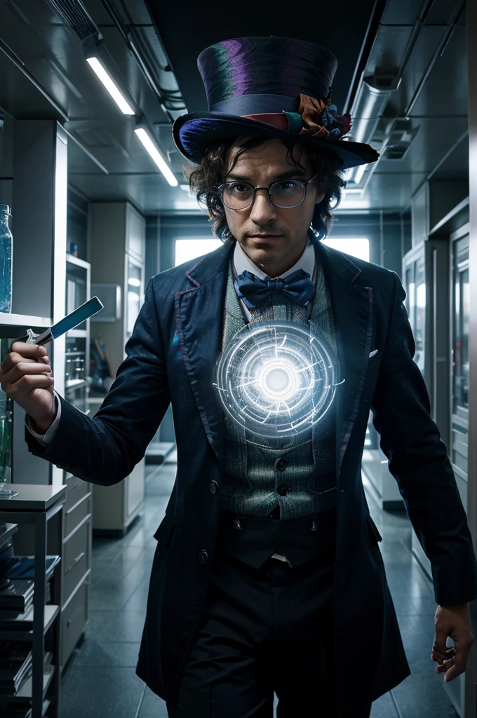 An intriguing digital art for Windows 11 wallpaper, exploring the theme "Resultado- A diferença entre o gênio e o louco". The image features two figures: one of a brilliant scientist with glasses and a lab coat, and the other of the mad hatter from Alice in Wonderland, both illuminated by the glow of a blinding light bulb. The background presents a balanced yet contrasting mix of order and chaos: a chaotic storm of colors swirls around the scientist, while a calm geometric pattern surrounds the artist. The overall composition is visually striking, with a sense of depth and detail that invites further contemplation. Blue and purple accent colors