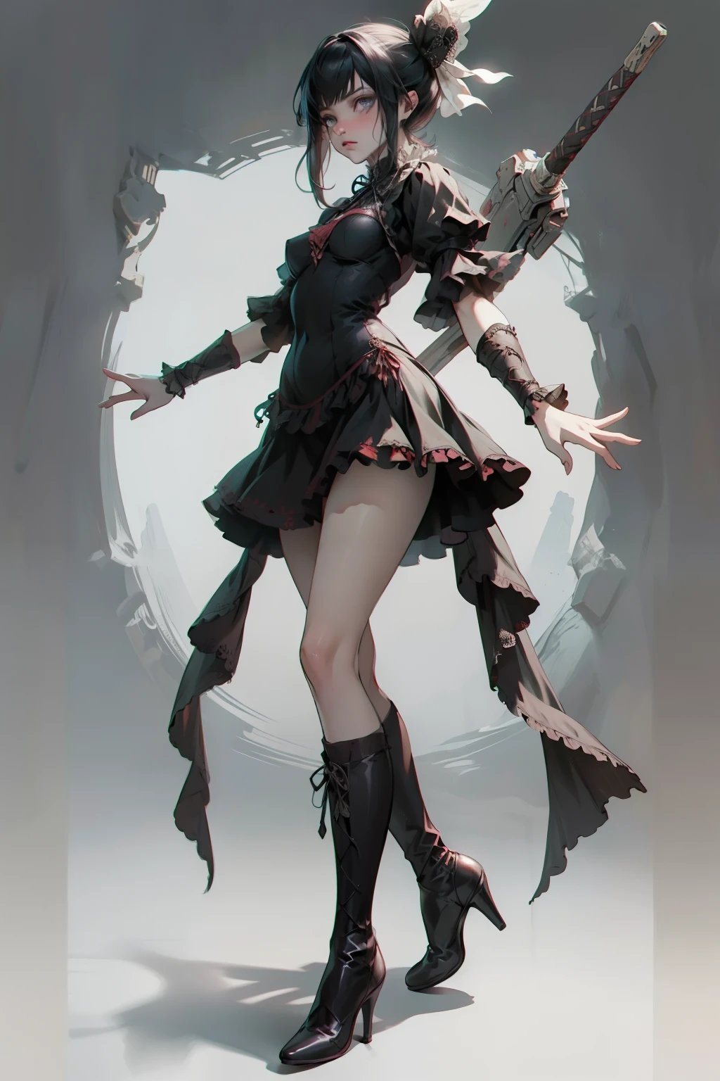 ((best quality)), ((masterpiece)), (detailed), blank white background, plain background, white background, red and white clothing, Bloodborne inspired, occult aesthetic, occult, detailed and intricate steampunk and detailed gothic, NSFW, Very dramatic and cinematic lighting, cosmic horror, grim-dark, side-lighting, perfect face, NSFW, Fluttering lace flared long knee length dress with frilly petticoats, knee length dress, pleated petticoats, lolita dress, petticoats gothic lolita, complex lace boots, side-lighting, gothic lolita aesthetic, wielding a mighty sword with mechanical components, carbine, NSFW, beautiful small breasts, small breasts, full body, whole body, body, plain background, white background, blank background, no background, white background NSFW, full body, whole body, head-to-toe NSFW