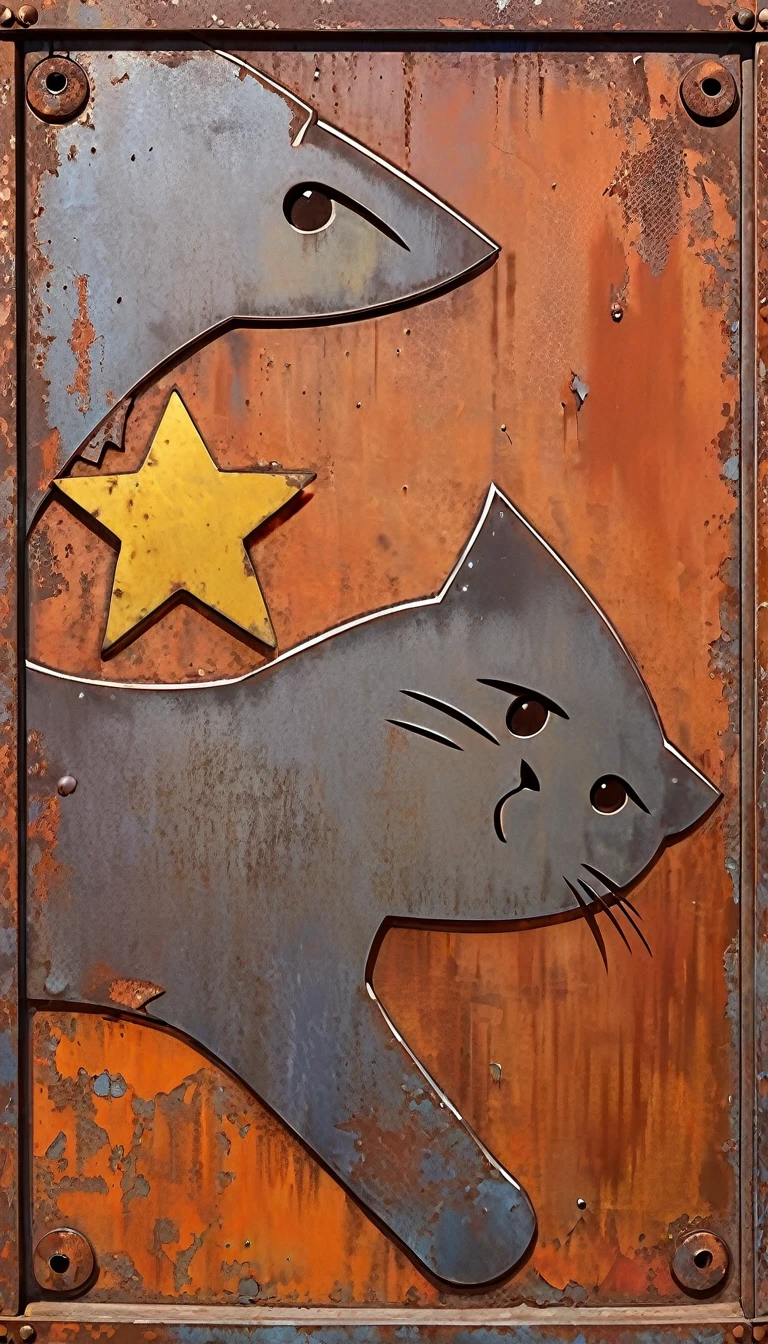 decorative metal sheet, rusty, communist cat
