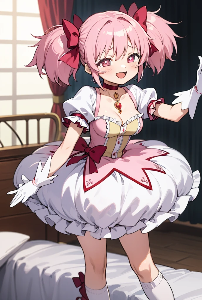 (masterpiece, best quality), 1girl, MadokaAi , pink hair, pink eyes, short hair, bangs, short twintails, medium breasts, blush, smile, open mouth, large breasts, bow, ribbon, twintails, hair ribbon, hair bow, symbol-shaped pupils, red ribbon, pink bow, gloves, white gloves, frilled sleeves, collarbone, soul gem, miniskirt, dress, shoes, buttons, choker, socks, puffy sleeves, ribbon choker, red choker, puffy short sleeves, frills, choker, cosplay, rose, magical girl, my room, kaname madoka