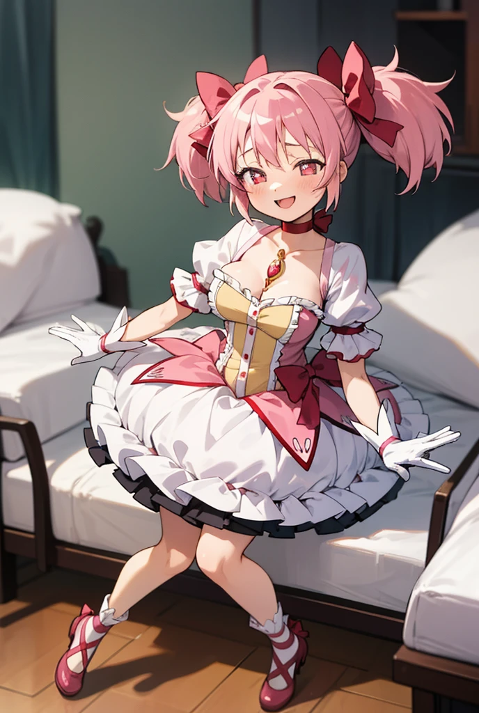 (masterpiece, best quality), 1girl, MadokaAi , pink hair, pink eyes, short hair, bangs, short twintails, medium breasts, blush, smile, open mouth, large breasts, bow, ribbon, twintails, hair ribbon, hair bow, symbol-shaped pupils, red ribbon, pink bow, gloves, white gloves, frilled sleeves, collarbone, soul gem, miniskirt, dress, shoes, buttons, choker, socks, puffy sleeves, ribbon choker, red choker, puffy short sleeves, frills, choker, cosplay, rose, magical girl, my room, kaname madoka