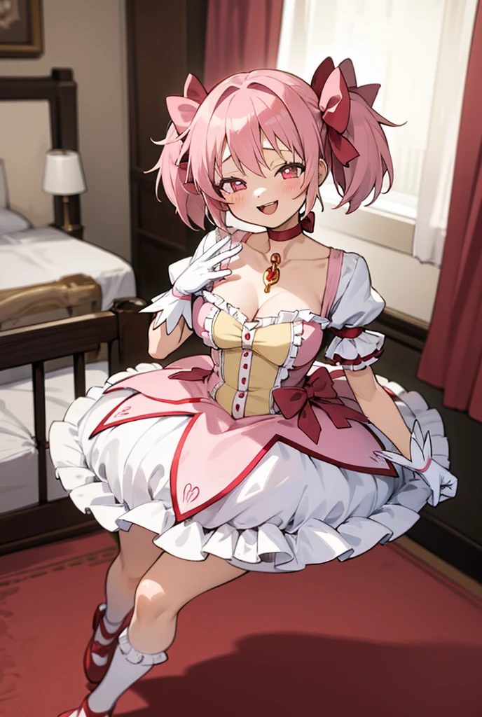 (masterpiece, best quality), 1girl, MadokaAi , pink hair, pink eyes, short hair, bangs, short twintails, medium breasts, blush, smile, open mouth, large breasts, bow, ribbon, twintails, hair ribbon, hair bow, symbol-shaped pupils, red ribbon, pink bow, gloves, white gloves, frilled sleeves, collarbone, soul gem, miniskirt, dress, shoes, buttons, choker, socks, puffy sleeves, ribbon choker, red choker, puffy short sleeves, frills, choker, cosplay, rose, magical girl, my room, kaname madoka