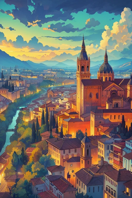Draw cartoon art aerial scene of wide lofi scene of Granada Spain, controlled dim light, beautiful cloudy sky, vibrant color tones, masterpiece, peaceful scene, no one