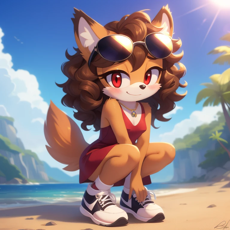 mobian, solo, hedgehog, two-tone fur ((orange fur, brown fur)), vintage-inspired pin-up dress, high-top sneakers, small breasts, two-tone hair (brown hair, black tip)), curly hair, halo, sunglasses, jewelry, red eyes, longeyelashes, red eyes, smile, shy, blush, pose, high detail, masterpiece, UHD, anatomically correct, super detail, highres, 4K