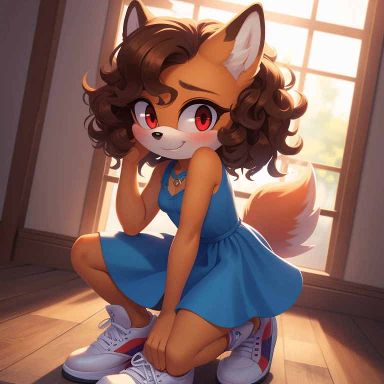 mobian, solo, hedgehog, two-tone fur ((orange fur, brown fur)), vintage-inspired pin-up dress, high-top sneakers, small breasts, two-tone hair (brown hair, black tip)), curly hair, halo, sunglasses, jewelry, red eyes, longeyelashes, red eyes, smile, shy, blush, pose, high detail, masterpiece, UHD, anatomically correct, super detail, highres, 4K