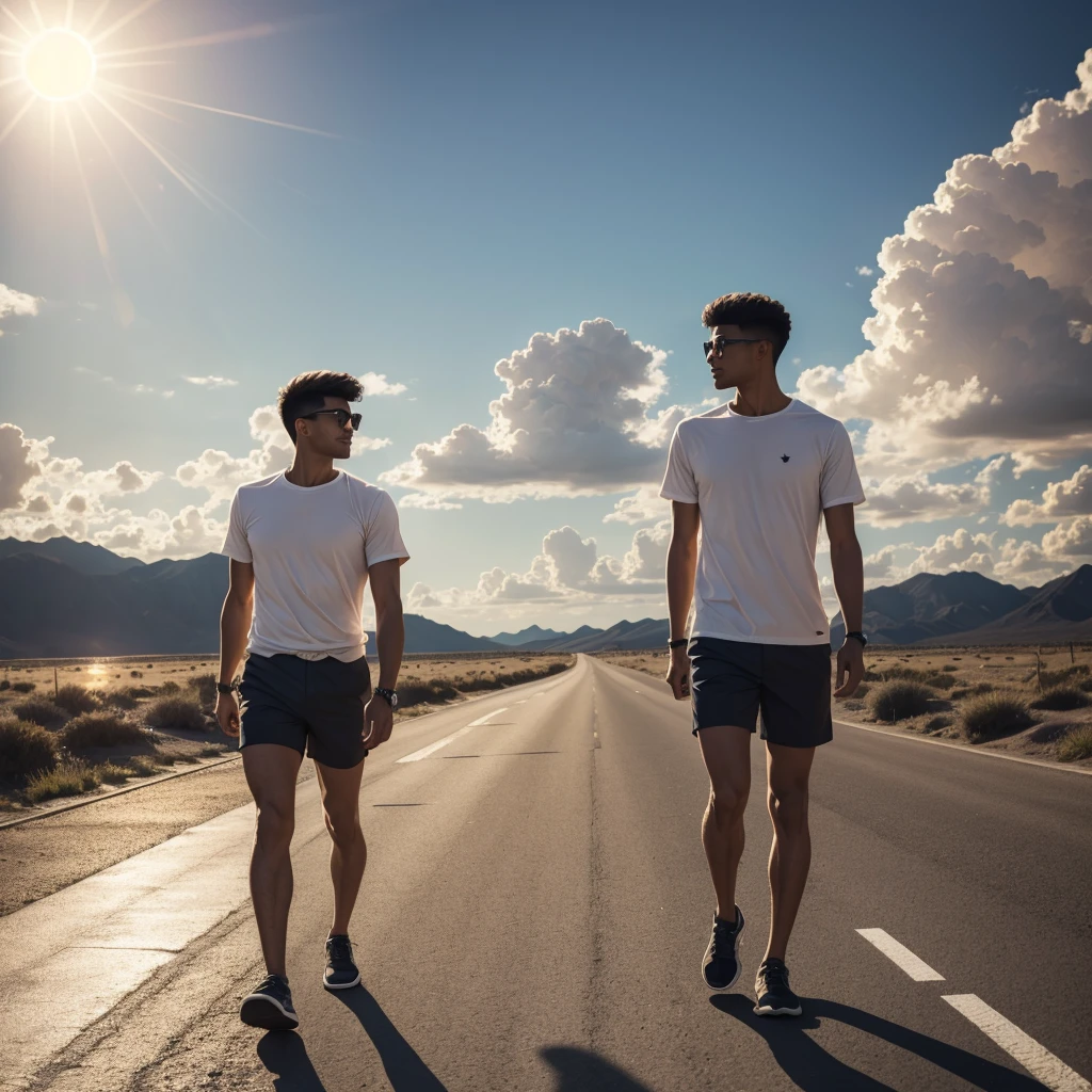 Man walking on the sun, wearing shorts and short sleeve shirt.