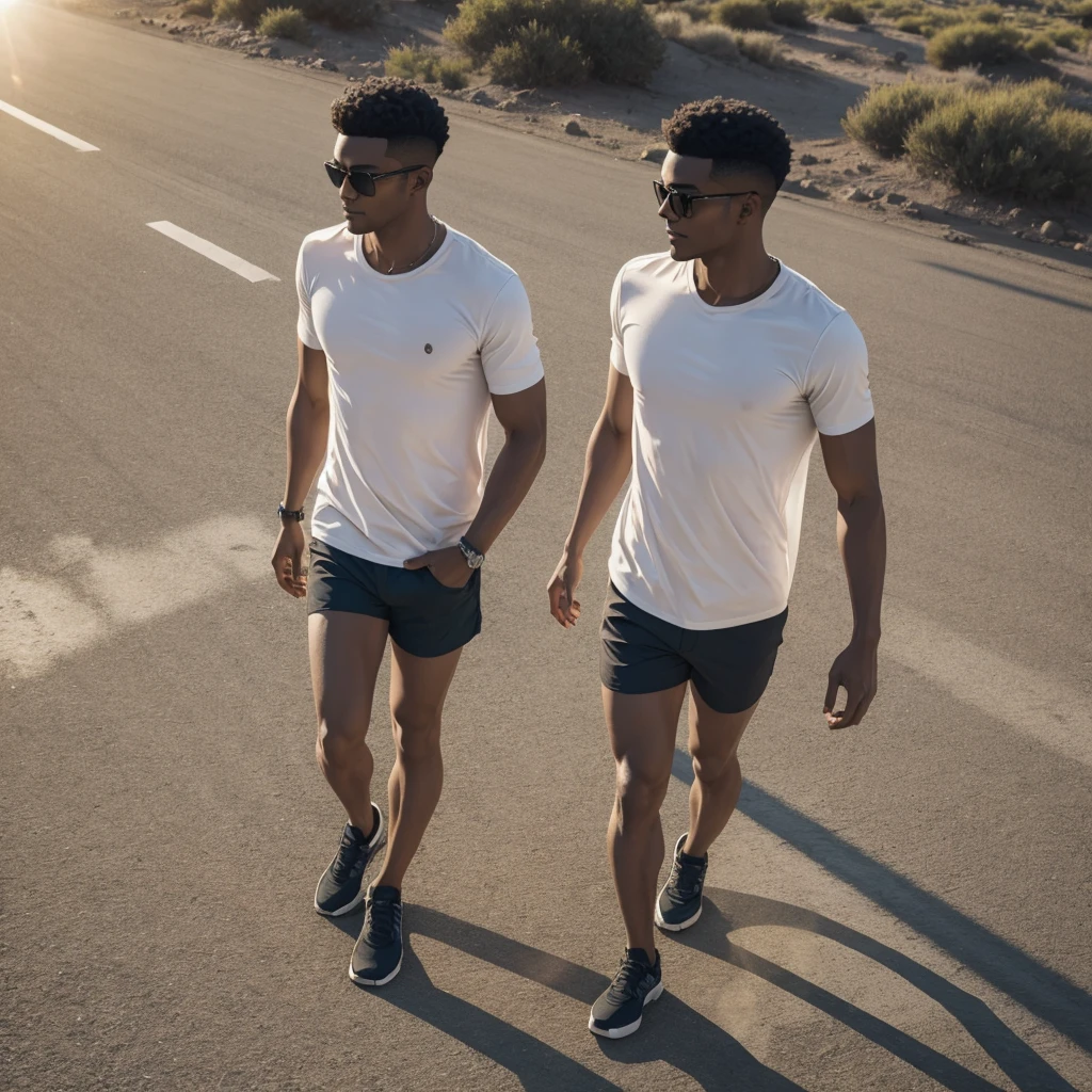 Man walking on the sun, wearing shorts and short sleeve shirt.