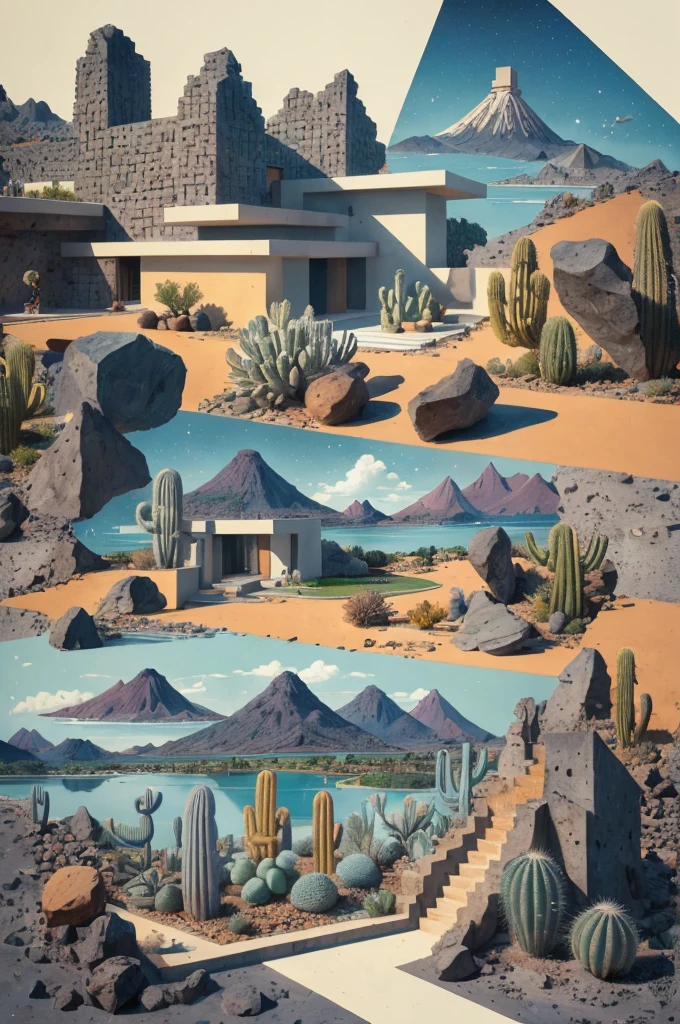An illustration, collage style, David Hockney visual style, (((Luis Barragán's architectural style houses in middle of a lake))), big boulders, little cascade, mountains, volcanos, volcanic landscape, pool, stairs, beautiful gardens, abundant vegetation, cacti, agave, big clouds, sunset. Magazine cover, serif tipography, editorial design, masterpiece, An illustration in collage style, con rocas gigantes, Brutalist construction sections, escaleras, cactus, agave, textura de concreto, Multiple geometric shapes, hatch and cross hatching, planeta Saturno. ((masterpiece, best quality)),illustration,ultra detailed 8k. (((An illustration of a build designed by Luis Barragán))), with a desertic vegetation garden, (big rocks), ((cacti)), lake, volcano in horizon, smooth clouds, (((illustration collage format))), ((Escher's art style)), (((multiple sections))), (violet, blue, olive green, grey, black and white), hard shadows, (((geometric sculptures))), concrete sculptures, high contrast, dramatic, cinematographic, ((milky way galaxy)), intricate, intricate details, sharp focus,landscape
