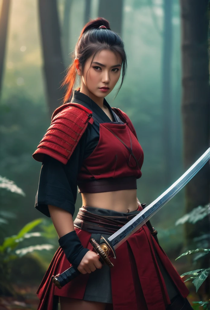 Hold the sword and open the scabbard.Handsome female warrior wearing dark red skirt, short clothes, misty forest background.bokeh background.portrait,(best quality,4K,8K,high resolution,masterpiece:1.2) Art Station Contest Winners, fantasy art, female warrior, very beautiful cyberpunk samurai, Samurai sword, beautiful female warrior, beautiful teen female warrior, warrior princess, warrior teen girl, beautiful figure painting, she is holding a Samurai sword sword, japanese samurai, Ono City