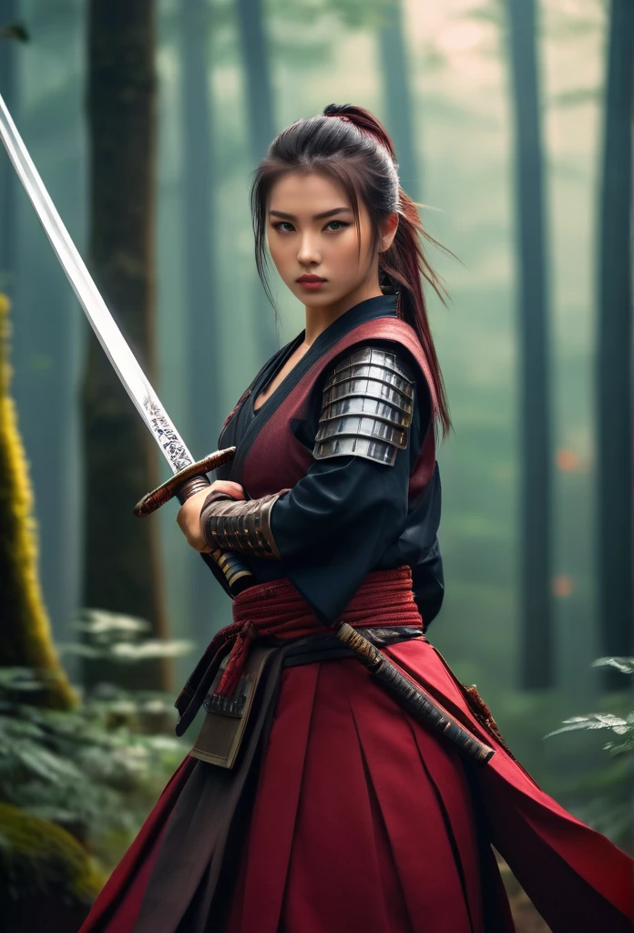 Hold the sword and open the scabbard.Handsome female warrior wearing dark red skirt, short clothes, misty forest background.bokeh background.portrait,(best quality,4K,8K,high resolution,masterpiece:1.2) Art Station Contest Winners, fantasy art, female warrior, very beautiful cyberpunk samurai, Samurai sword, beautiful female warrior, beautiful teen female warrior, warrior princess, warrior teen girl, beautiful figure painting, she is holding a Samurai sword sword, japanese samurai, Ono City