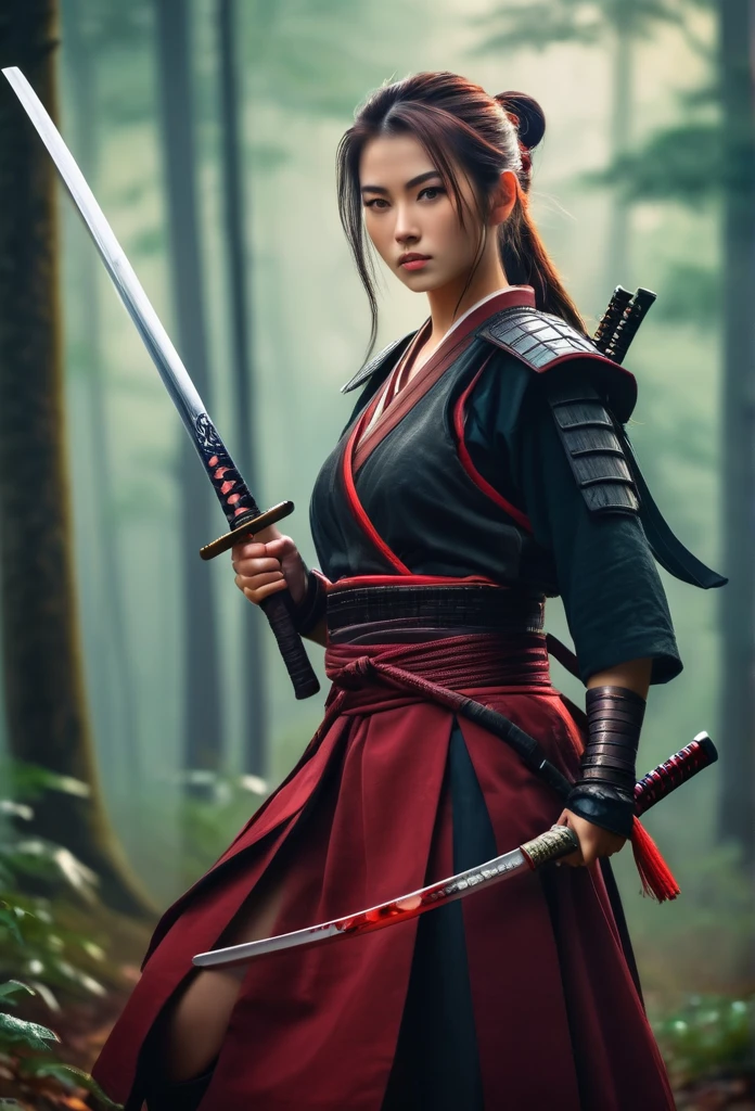 Hold the sword and open the scabbard.Handsome female warrior wearing dark red skirt, short clothes, misty forest background.bokeh background.portrait,(best quality,4K,8K,high resolution,masterpiece:1.2) Art Station Contest Winners, fantasy art, female warrior, very beautiful cyberpunk samurai, Samurai sword, beautiful female warrior, beautiful teen female warrior, warrior princess, warrior  girl, beautiful figure painting, she is holding a Samurai sword sword, japanese samurai, Ono City