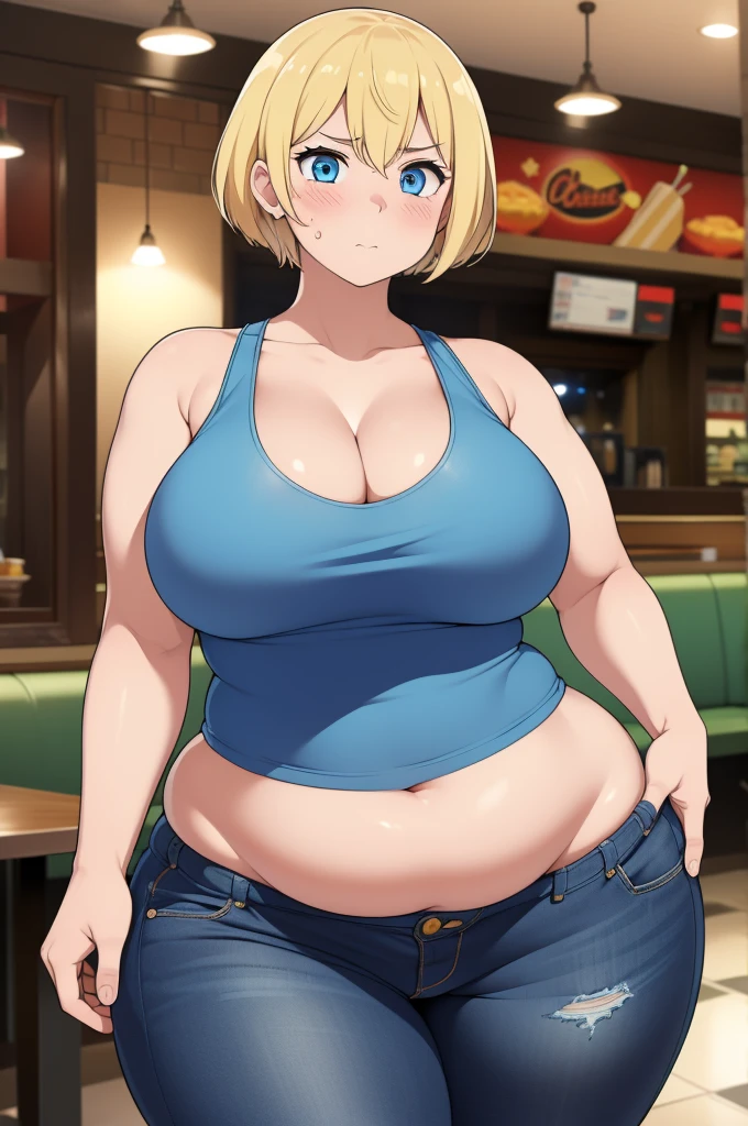 ((Masterpiece)), perfect anatomy, perfect shading, field of depth, (best quality), extremely delicate and beautiful, perfect lighting, detailed face, ultra cute face, cute, (1girl), (solo),

short fluffy blonde hair, blue eyes, ((blush)), nervous, looking at viewer, tank top, jeans, cleavage, large breasts, ((thick thighs)), (wide hips), fat ass, plump, 

intricate background, detailed background, fast food restaurant, standing, 
