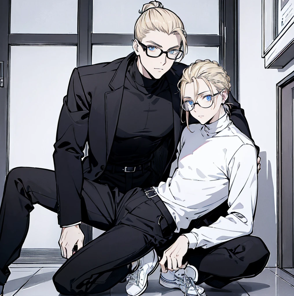 One person, Tall, tannish, male, lean and fit, blonde hair put in manbun, deep blue eyes, wearing black velvet long sleeve turtleneck, sleek black glasses, plack pants, white high tops, handsome.