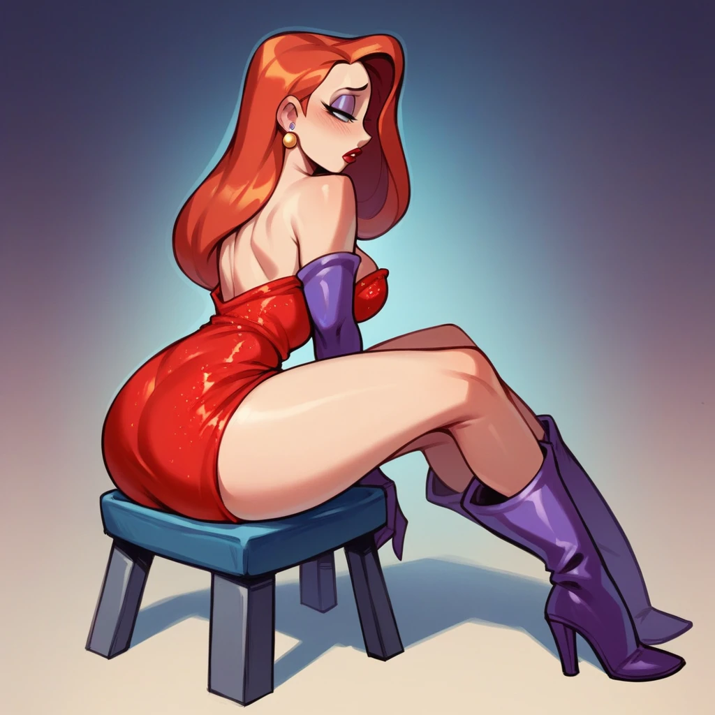 Jessica Rabbit is sad sitting in a poor rented room. She wears a red dress and long boots, she has big tits and a big ass, tomorrow