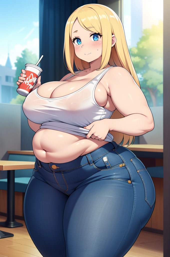 ((Masterpiece)), perfect anatomy, perfect shading, field of depth, (best quality), extremely delicate and beautiful, perfect lighting, detailed face, ultra cute face, cute, (1girl), (solo),
long fluffy blonde hair, blue eyes, ((blush)), embarressed, looking at viewer, tank top, jeans, cleavage, large breasts, ((thick thighs)), (wide hips), fat ass, chubby, chubby belly,
intricate background, detailed background, fast food restaurant, standing, holding soda,