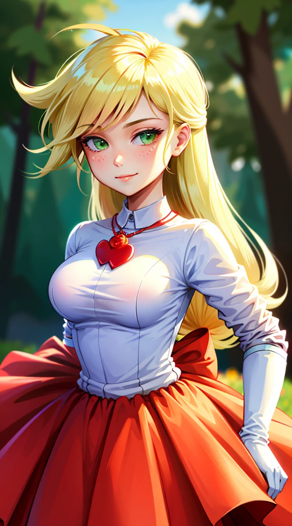 1girl, masterpiece, (detailed background), best quality, absurdres,
smirk, mlpapplejack, pink ballgown, white opera gloves, posing, closed mouth, personification, blonde hair, orange skin, green eyes