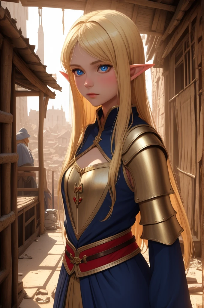 nonsense, 8K ,High resolution, Very detailed, beautiful, Masterpiece, best quality, young elf,blonde hair,blue eyes,long hair,Sexy Medieval Fantasy Costume,living in the slum

