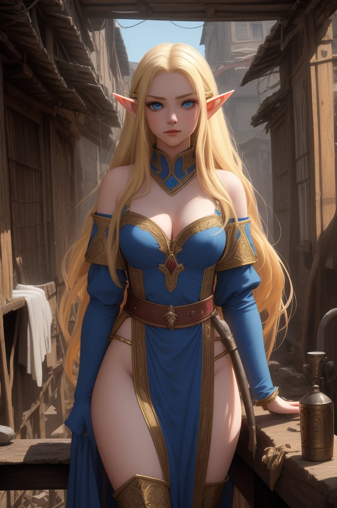 nonsense, 8K ,High resolution, Very detailed, beautiful, Masterpiece, best quality, young elf,blonde hair,blue eyes,long hair,Sexy Medieval Fantasy Costume,living in the slum