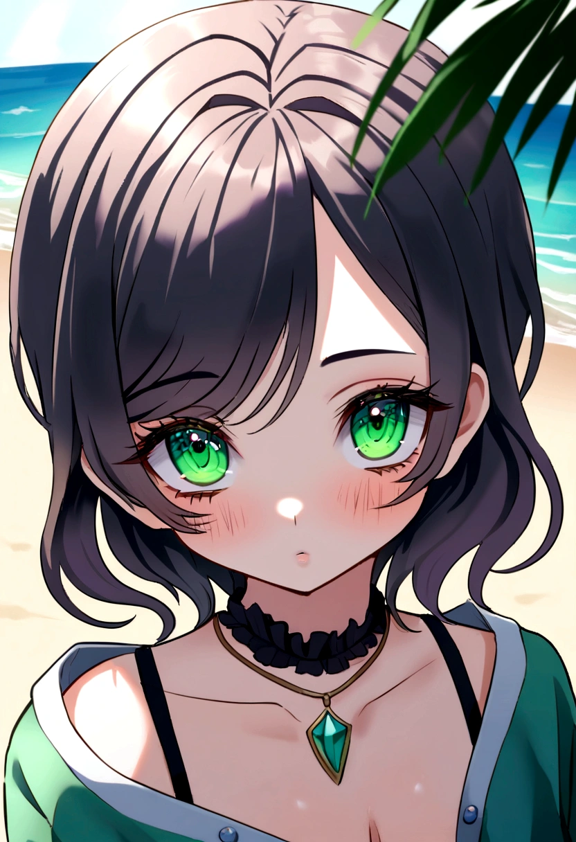 arafed femme noire avec un bikini noir et un collier sur la plage, fille sexy aux yeux verts, portrait sophie mudd, cheveux bruns et grands yeux, photo d'une jeune femme, yeux de la chambre, violette myers, sans maquillage, maquillage naturel, regarder directement la caméra, visage avec artgram, maquillage subtil, yeux verts perçants