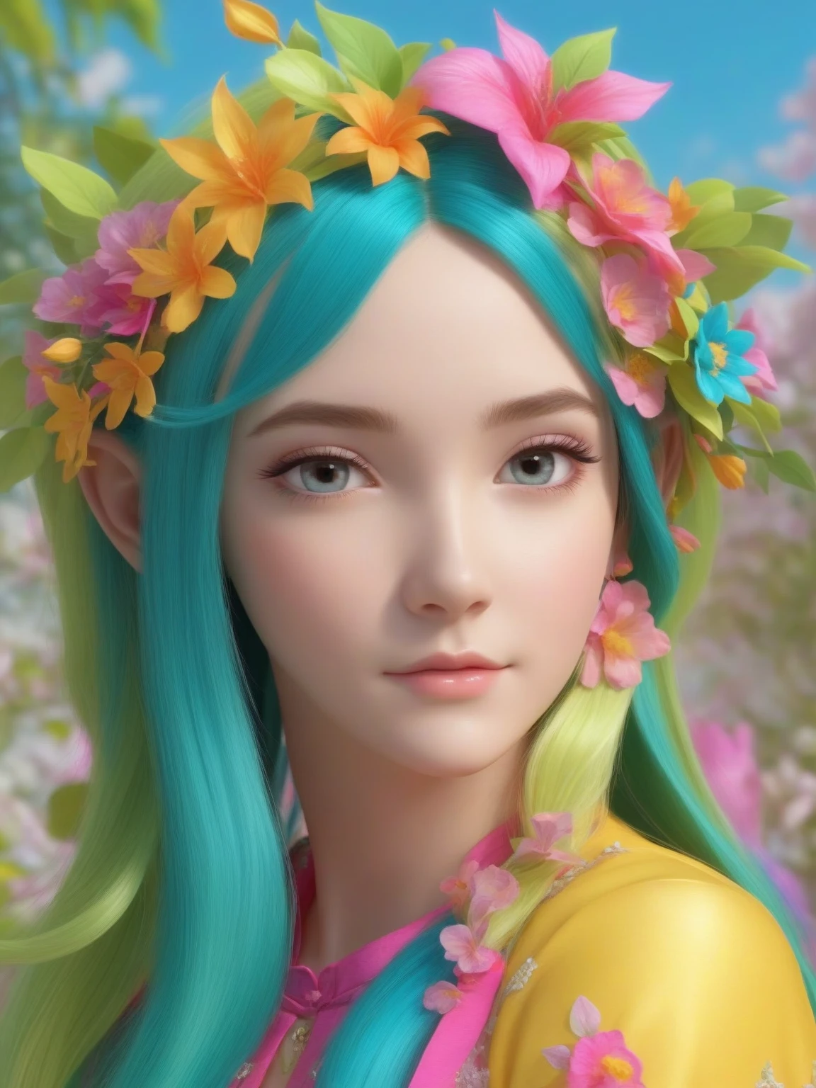 Beautiful long hair in 3D for a cute young girl,bright colors,elfs' ears,joyful expressions,Get ready to eat a cheeseburger,(Hamburger in the center of the picture),tasty food,close-up,PVC model, view viewer, soft smooth lighting, soft and muted colors, 3d rendering of clay icon, 120mm lens, 3D rendering in blender, trending on Polycount, modular constructivism