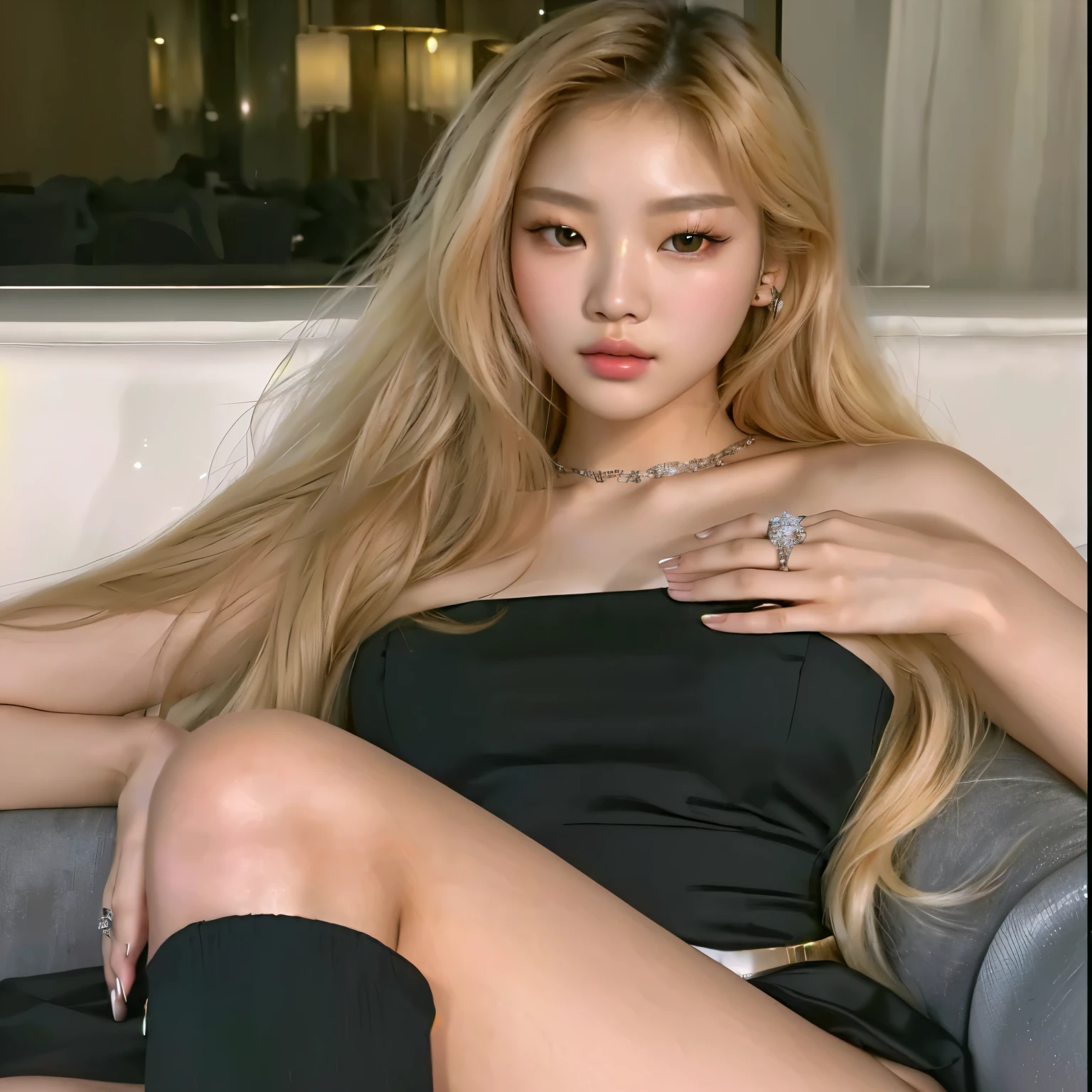 a close-up of a woman in a black dress sitting on a sofa, korean girl, roseanne park by blackpink, Beautiful young Korean woman, good young girl, Portrait of Blackpink&#39;s Jossi, beautiful south korean woman, with long blonde hair, A girl with blonde hair, long blonde hair and big eyes, jaeyeon nam, long blonde hair and big eyes