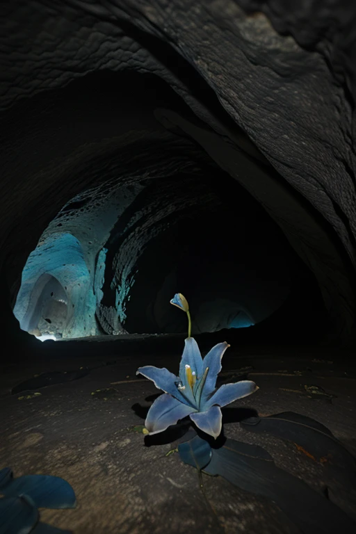 A single blue lily at the bottom of a giant cave surrounded by snakes 