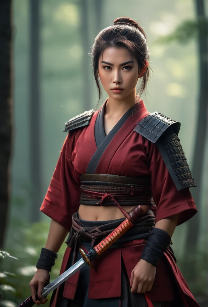 Hold the sword and open the scabbard.Handsome female warrior wearing dark red short clothes, misty forest background.bokeh background.portrait,(best quality,4K,8K,high resolution,masterpiece:1.2) Art Station Contest Winners, fantasy art, female warrior, very beautiful cyberpunk samurai, Samurai sword, beautiful female warrior, beautiful teen female warrior, warrior princess, warrior teen girl, beautiful figure painting, she is holding a Samurai sword sword, japanese samurai, Ono City