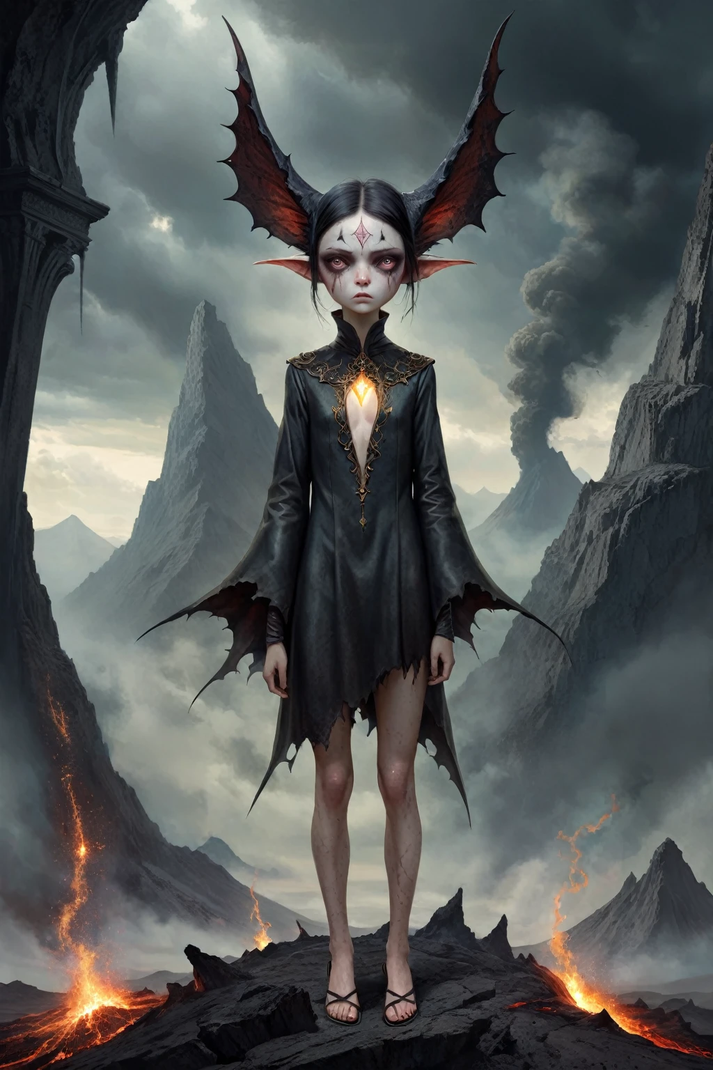 Full body length shot, famous artwork by (tom bagshaw:1.1), detailed expressive eyes, fantasy style, the grumpy lubwad is a tiny creature that prospers in intense heat, building its resiliforged lairs in the flanks of active volcanoes on planet ramsnuggle vi, here we get a good look at its dark ears and intricate eyes as it lays in ambush to prey on the grubby sneezlenook from the shadows of its yarbled hideout
RAW photo, realistic texture, extremely detailed, absurdres, sharp focus,  volumetric lighting, subsurface scattering
realistic skin, (natural skin:1), (skin details, skin texture:1.1), (skin pores:1), (skin imperfections:0.3), 
Mestichino,Light particles,marble leather ,ink photography ,RAW, NIKON Z9,ink photorealism,Mestichino,Light particles,marble leather ,ink photography , school of magic