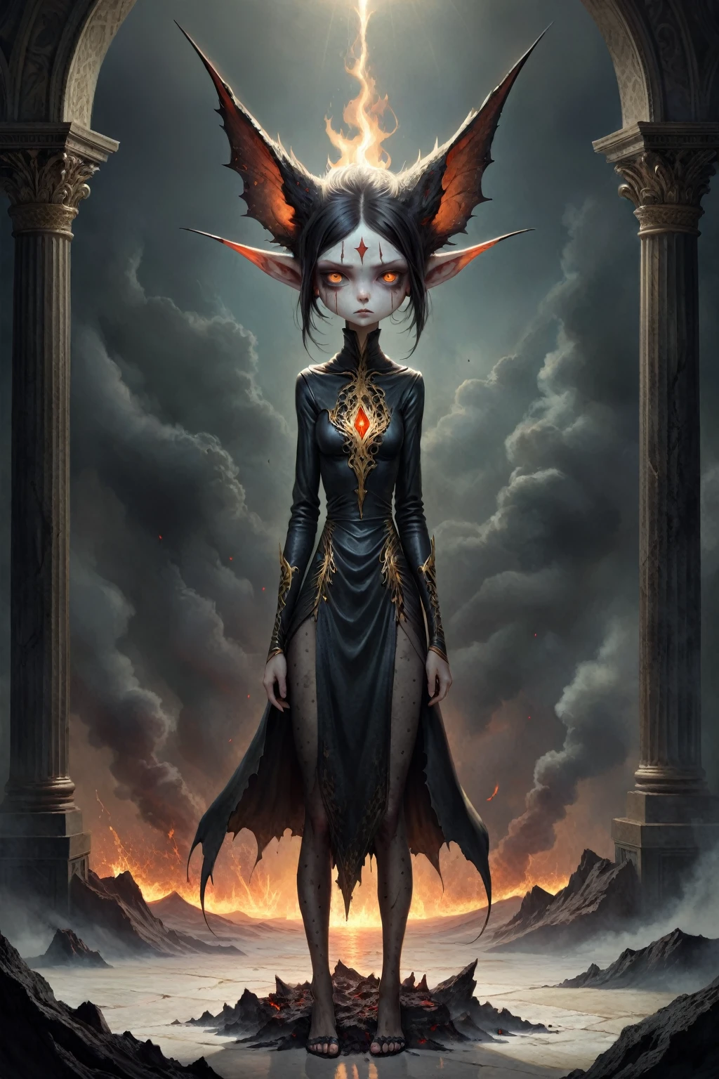 Full body length shot, famous artwork by (tom bagshaw:1.1), detailed expressive eyes, fantasy style, the grumpy lubwad is a tiny creature that prospers in intense heat, building its resiliforged lairs in the flanks of active volcanoes on planet ramsnuggle vi, here we get a good look at its dark ears and intricate eyes as it lays in ambush to prey on the grubby sneezlenook from the shadows of its yarbled hideout
RAW photo, realistic texture, extremely detailed, absurdres, sharp focus,  volumetric lighting, subsurface scattering
realistic skin, (natural skin:1), (skin details, skin texture:1.1), (skin pores:1), (skin imperfections:0.3), 
Mestichino,Light particles,marble leather ,ink photography ,RAW, NIKON Z9,ink photorealism,Mestichino,Light particles,marble leather ,ink photography , school of magic