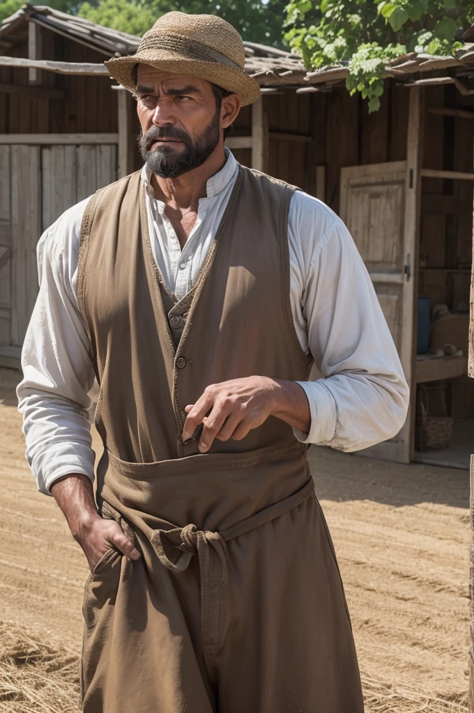 A farmer with a worried expression and typical clothes is standing next to his farmhouse, realizing the lack of something valuable. He gestures energetically, asking your henchman, who is by your side, to search for the stolen item