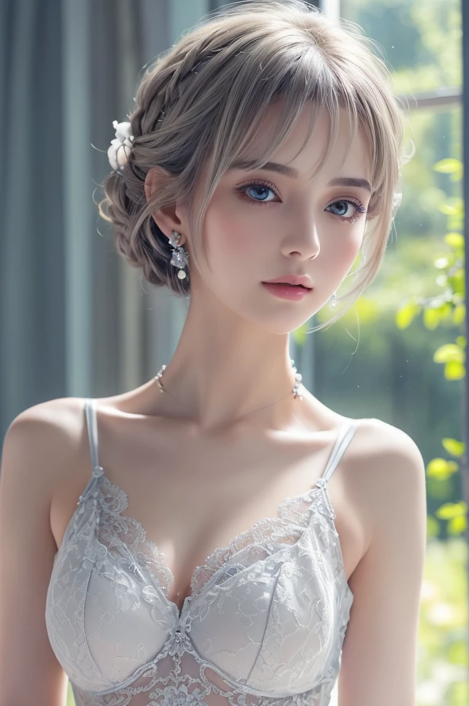 blue lace thong&Good, (((Very elegant and beautiful, Perfect detail, Super detailed))), whole body, The most detailed girl, Depth of written boundary, Beautifully detailed whole body, Thin legs, 1 girl(naked;1.3), 30 years old, Very short hair, Spiked Hair, Gray and silver hair, Beautiful detailed hair, Perfect Face, Expressionless, Beautifully detailed deep eyes, Open your mouth a little, Delicate arms and hands, Pale skin, Earrings, Beautiful and gorgeous necklace, Colorful background, HD background, Blurred Background, Very delicate and beautiful, Masterpiece, (((Highest quality, Very beautiful 8K CG wallpaper))), (((Trendy hairstyles))), (Inside the room,Stylish interior,window),