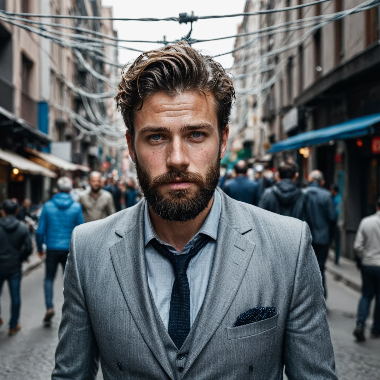 RAW photo, full body portrait of a beautiful man with a beard in a grey suite, he stands in a crowded street with tangled power cables, full sharp, detailed face, blue eyes, (high detailed skin:1.2), 8k uhd, dslr, soft lighting, high quality, film grain, Fujifilm XT3 dappled light on face, pale skin, skin pores, oiled shiny skin, skin blemish, imperfect skin, intricate skin details, visible skin detail, detailed skin texture, blush, wrinkles, vitiligo spots, moles, whiteheads, blackhead, white pimples, red pimples, beauty spot, skin fuzz, [[[[[freckles]]]]] (perfect eyes), ((perfect hands with four fingers and one thumb each))