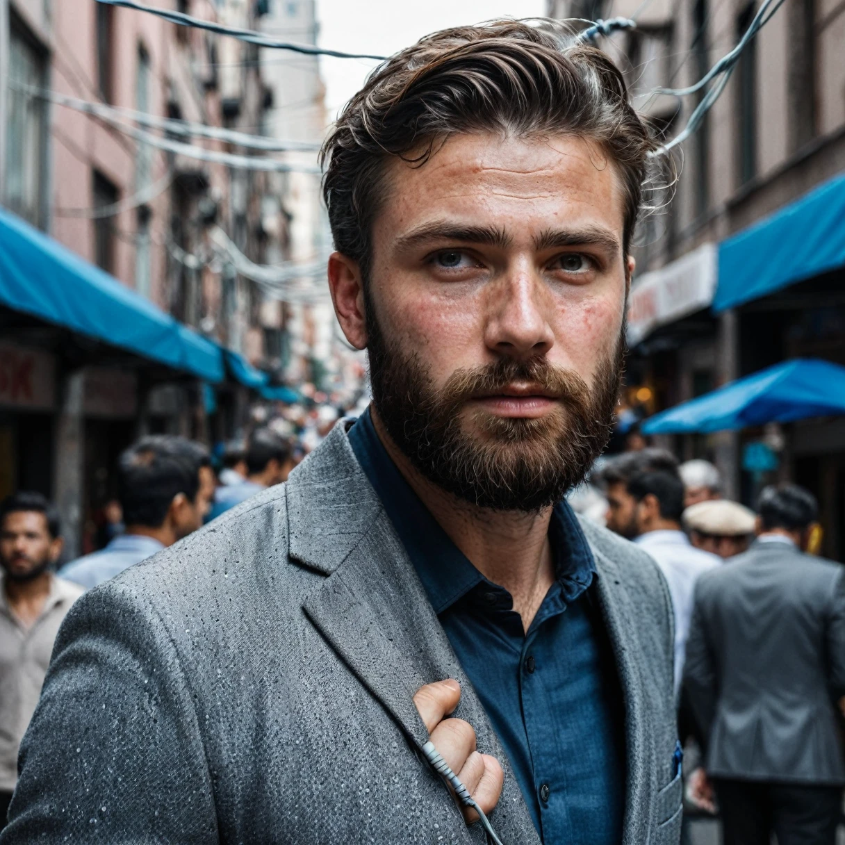 RAW photo, full body portrait of a beautiful man with a beard in a grey suite, he stands in a crowded street with tangled power cables, full sharp, detailed face, blue eyes, (high detailed skin:1.2), 8k uhd, dslr, soft lighting, high quality, film grain, Fujifilm XT3 dappled light on face, pale skin, skin pores, oiled shiny skin, skin blemish, imperfect skin, intricate skin details, visible skin detail, detailed skin texture, blush, wrinkles, vitiligo spots, moles, whiteheads, blackhead, white pimples, red pimples, beauty spot, skin fuzz, [[[[[freckles]]]]] (perfect eyes), ((perfect hands with four fingers and one thumb each))