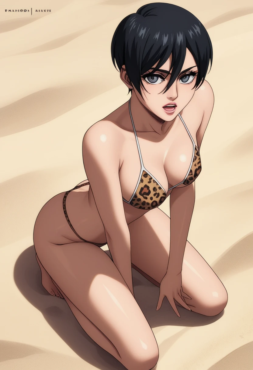 score_9_up, score_8_up, score_7_up, 1girl, solo, mature female, Mikasa, very short black hair, ((pixie cut)), dark grey eyes, pink lips, parted lips, fit slim body, ((perfect medium erected breast)), ((( leopard tight bikini with thong))), rosy cheeks, wide hips, ((sand beach)), looking at the viewer, (((kneeling with nude tits))), wet body, open mouth, bukkake, huge amount of spreading sperm on her face and tits, from above, seductive pose