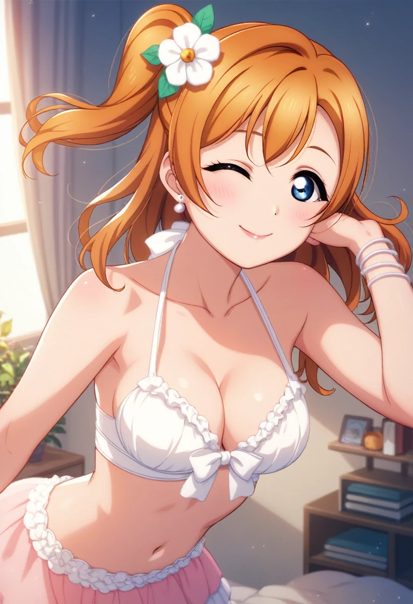 Honoka kousaka love live, cowboy shot, blue eyes, orange hair,hair flower, solo, Fashion , bshoulders, perfect eyes, Perfect iris，Perfect skin，Soft front light，Casual，indoors；（pastel colour:1.2）, halter neck,thin straps , sexy,(lipstick:0.8), breasts ,sexy pose,wink, (slightly bent over:0.8), bottom up , detailed breasts 