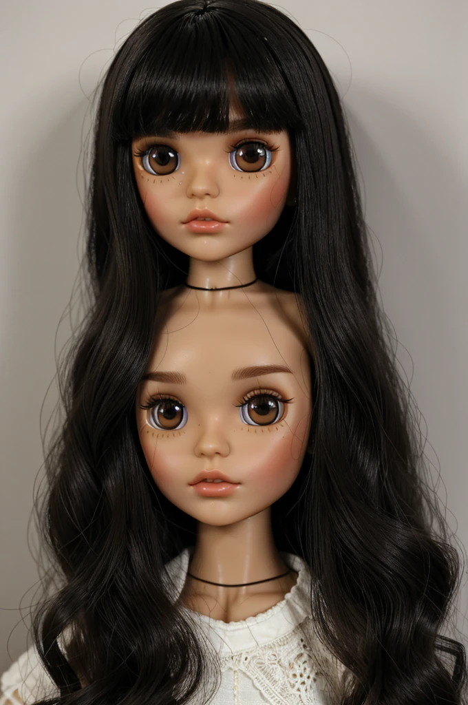Blythe doll tanned skin, long black hair with bangs, eyes dark brown color, two moles under the left eye and a mole on the left eyelid