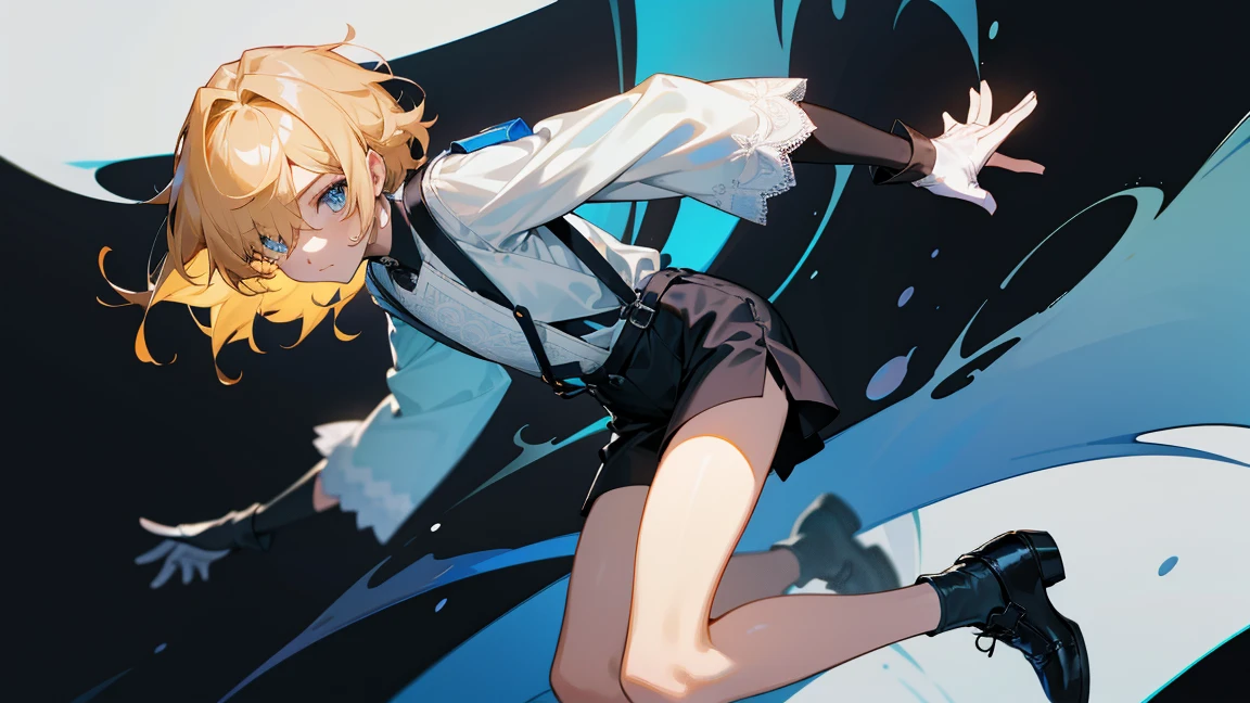 A ager,Short flaxen hair,blue color eyes,Bangs cover one eye,Wear a white shirt,The cuffs have long lace trims,longer sleeves,Wearing black shorts,Wear suspenders and leather shoes,He wears black half-palm gloves on his hands,full bodyesbian,