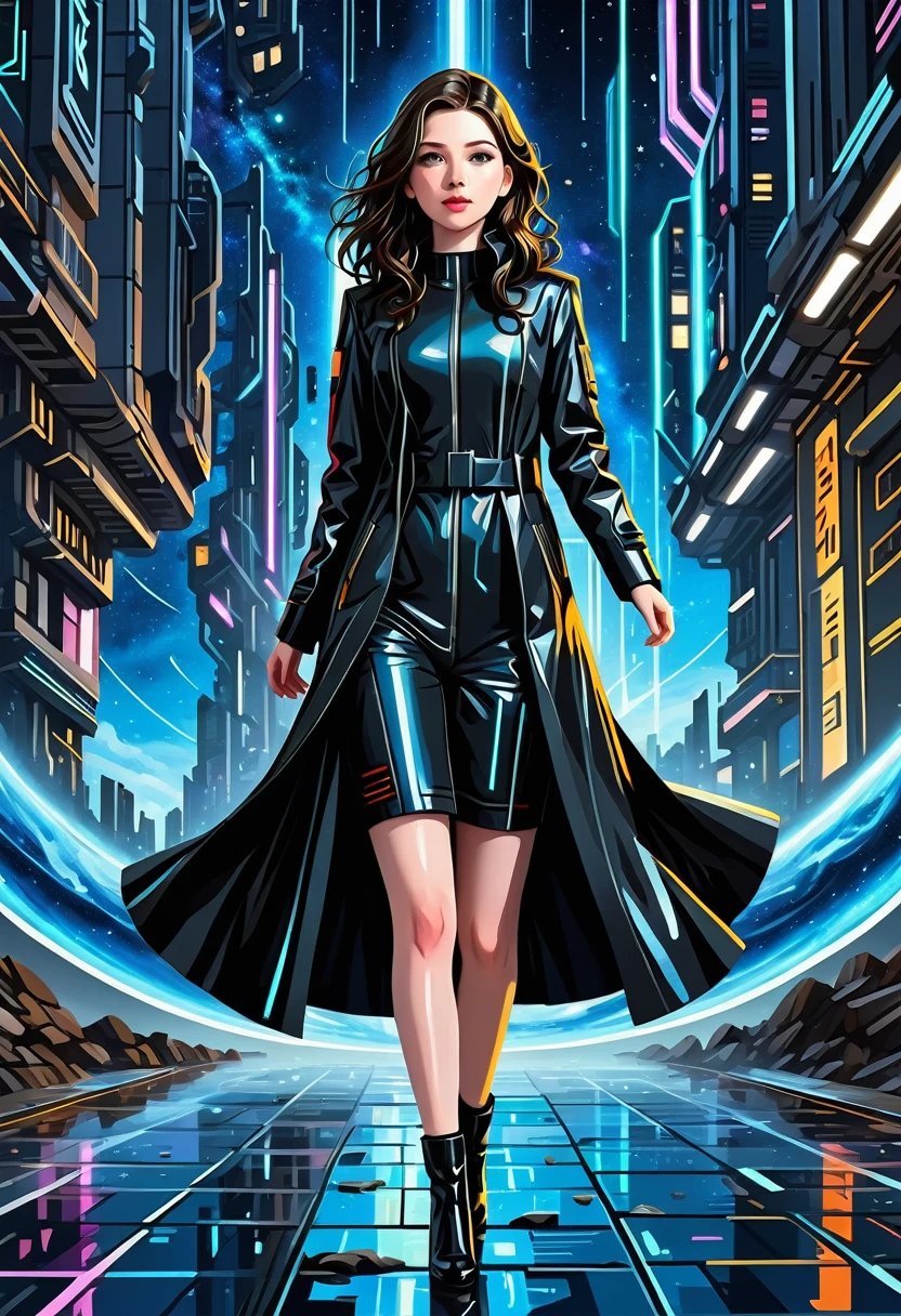 ((masterpiece)), hiquality, Ultra-detailed, (young Michelle Trachtenberg ), In a long black raincoat, Futurism, Space, (in the style of KAAN), 8K, the best illustration, graceful, Proper anatomy of the body, hight resolution, Dynamic perspective, Dynamic posture,