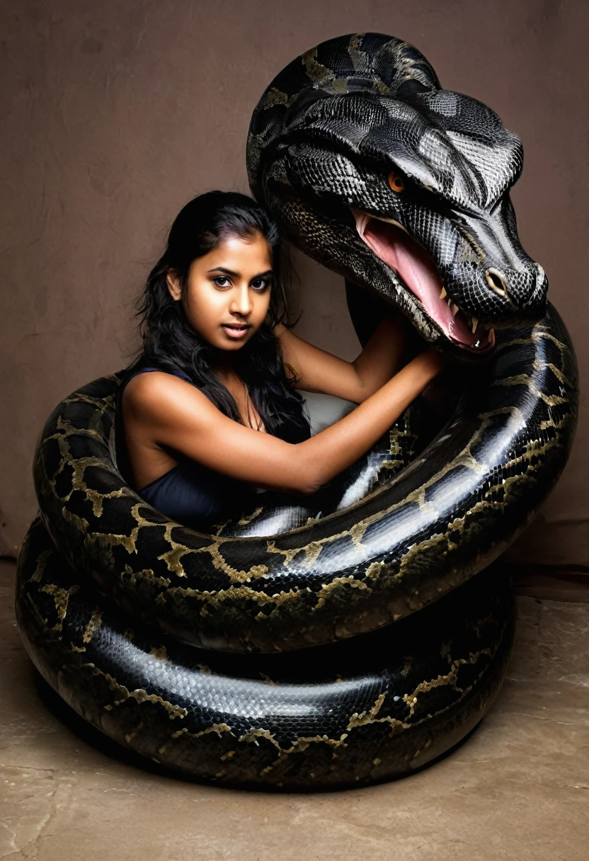 Happy Horny, aroused 1girl), beautiful kneeling Indian young girl with giant colossal black titanboa monster squeezing her hard, wrapped in thick spiraling coils, constricted, struggle, gasping for air, snake attack, snake peril, moonless night, dim light