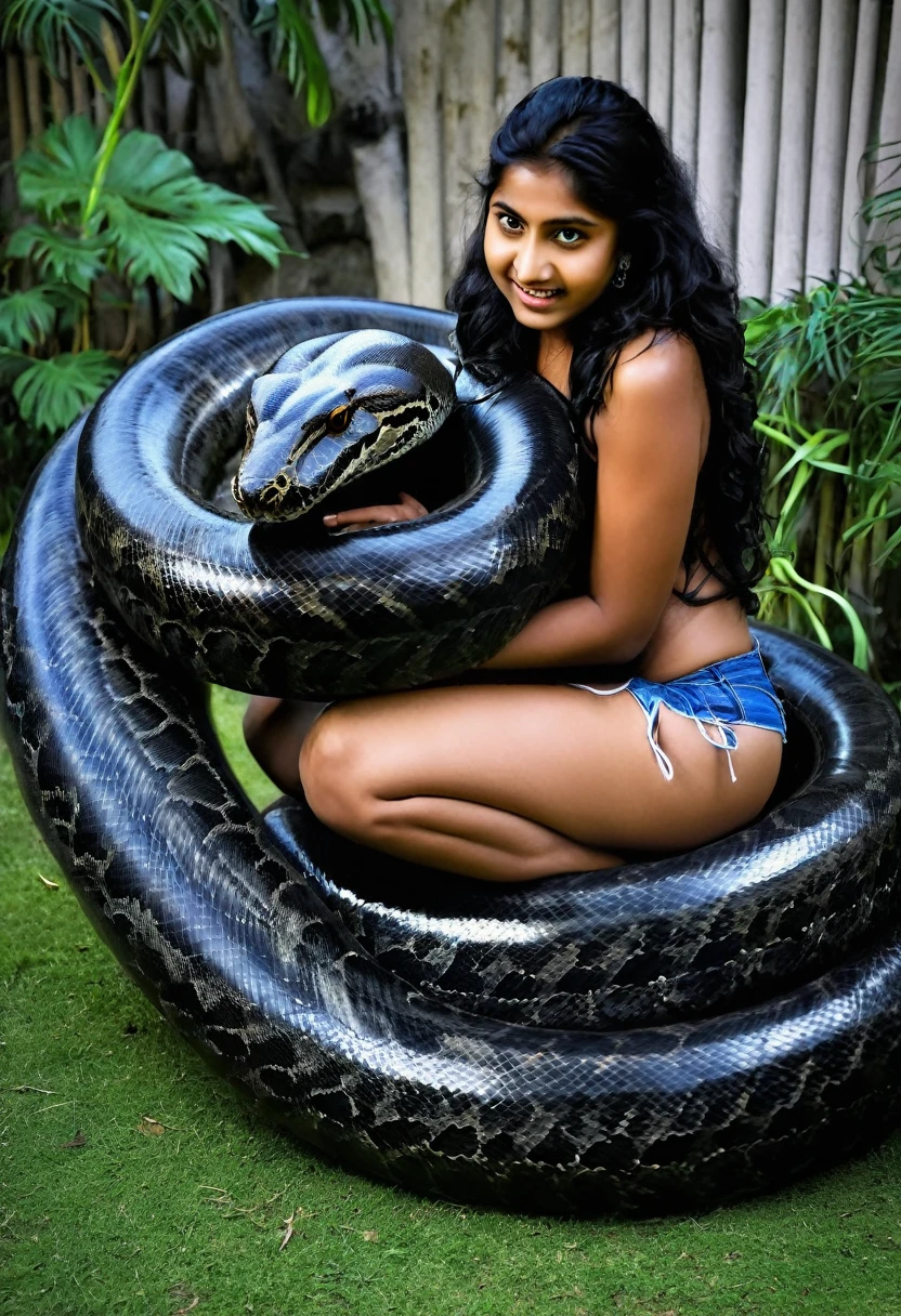 Happy Horny, aroused 1girl), beautiful kneeling Indian young teen girl with giant colossal black titanboa monster squeezing her hard, wrapped in thick spiraling coils, constricted, struggle, gasping for air, snake attack, snake peril, moonless night, dim light