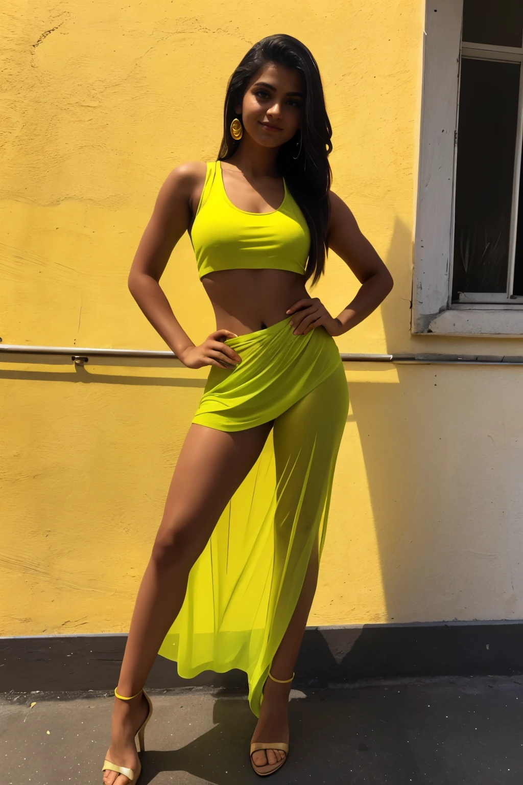 An indian Instagram model, wearing a bright yellow tank top, with heels, in a light background, rim light, key lights, giving lusty smile,