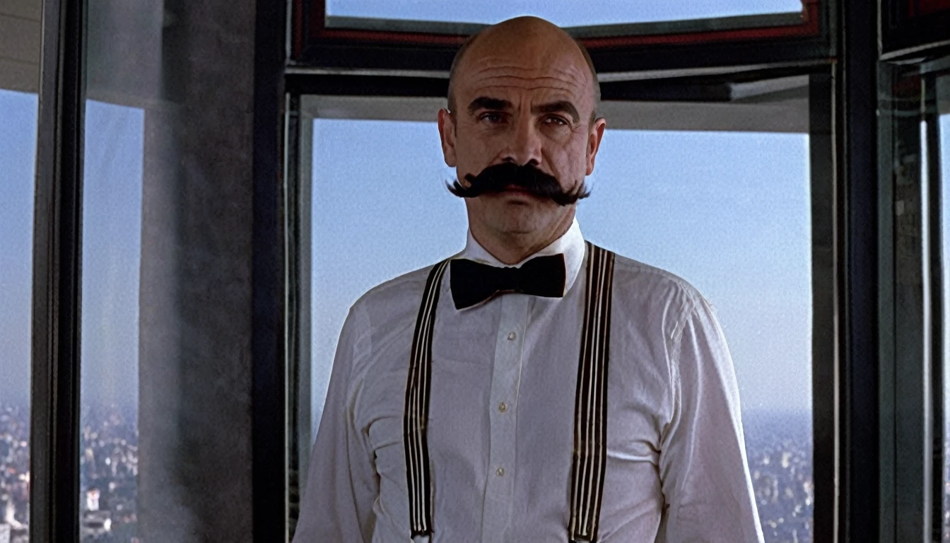 A 50-year-old French man, he is bald on the top of his head, but has (((short hair on the side of his head that he combines with his beard and black mustaches))), (((a thin face and a large chin and very thick eyebrows))). He has a very strong body. He is wearing a long-sleeved white dress shirt and a red bow tie, and light blue dress pants., In a fighting stance holding a shotgun he is near a glass window on a very high floor in a very luxurious apartment, Front view, Ultra Realistic Style, 10k