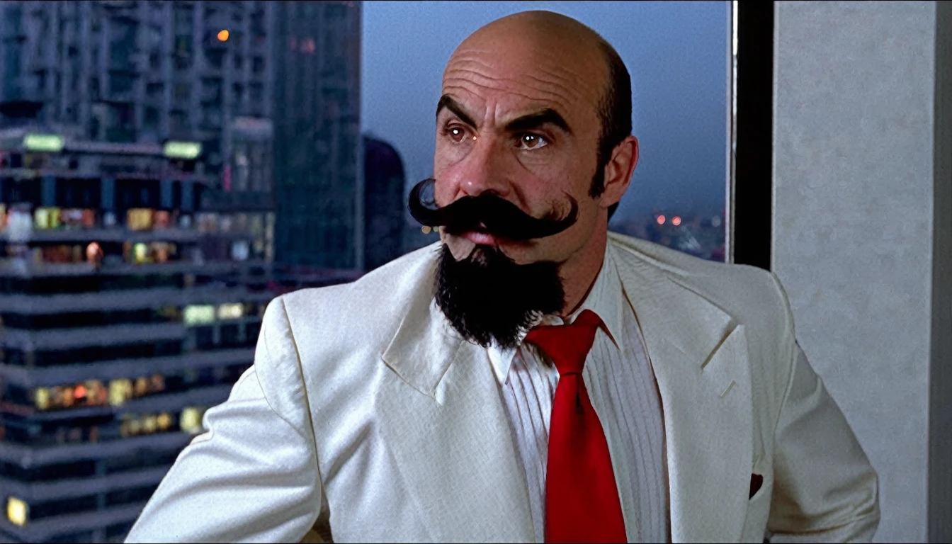 A 50-year-old French man, he is bald on the top of his head, but has (((short hair on the side of his head that he combines with his beard and black mustaches))), (((a thin face and a large chin and very thick eyebrows))). He has a very strong body. He is wearing a long-sleeved white dress shirt and a red bow tie, and light blue dress pants., In a fighting stance holding a shotgun he is near a glass window on a very high floor in a very luxurious apartment, Front view, Ultra Realistic Style, 10k